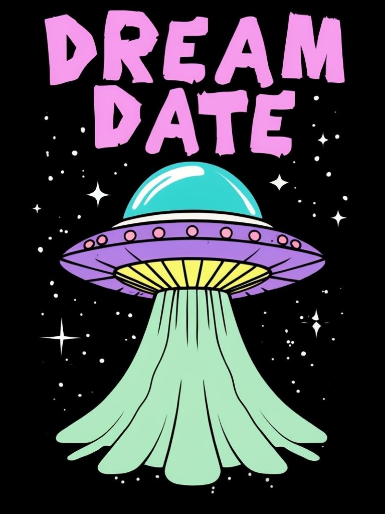 Dreamy Cartoon UFO with Neon Text in Outer Space Poster