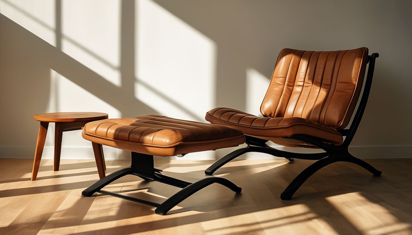 Modern Minimalist Interior Scene with Sleek Chair and Ottoman Virtual Backgrounds