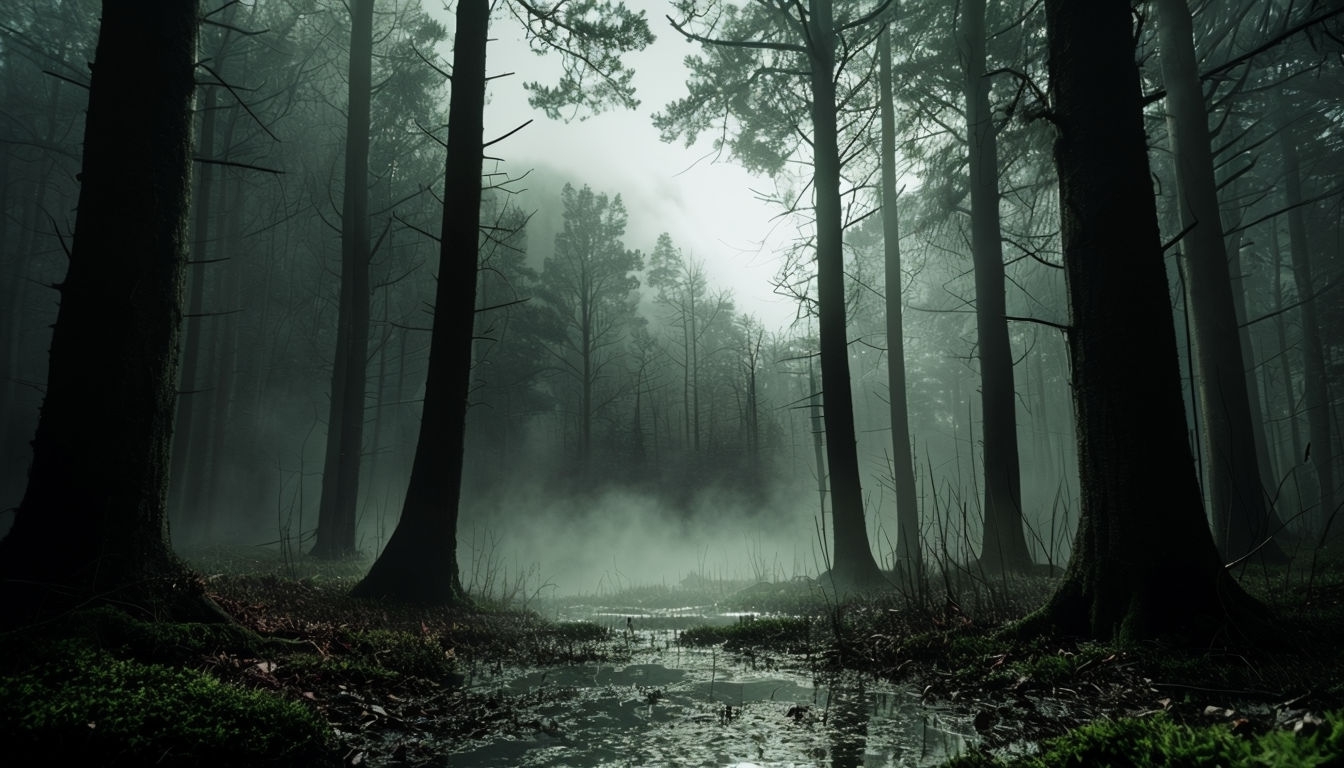 Eerie Gothic Forest Scene with Misty Atmosphere Background