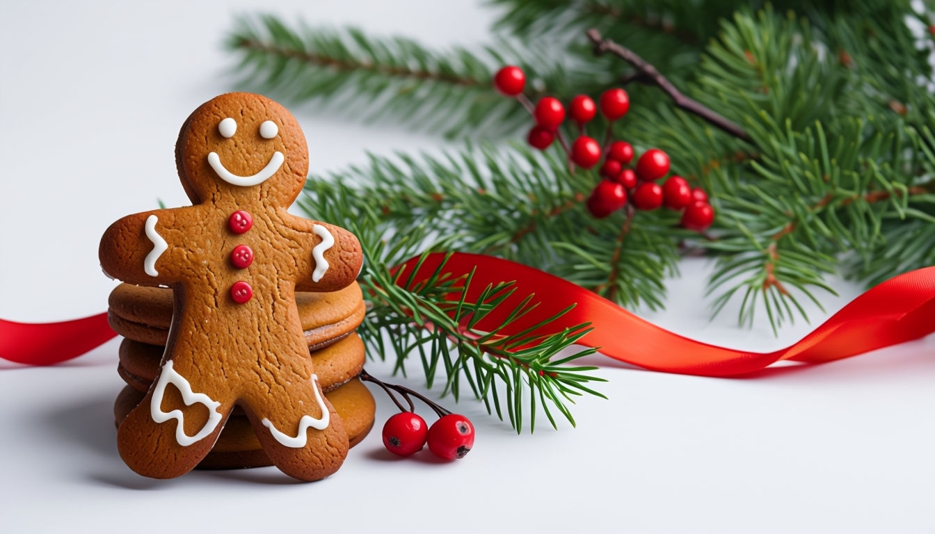 Festive Gingerbread Cookies with Holiday Decorations Photo Background