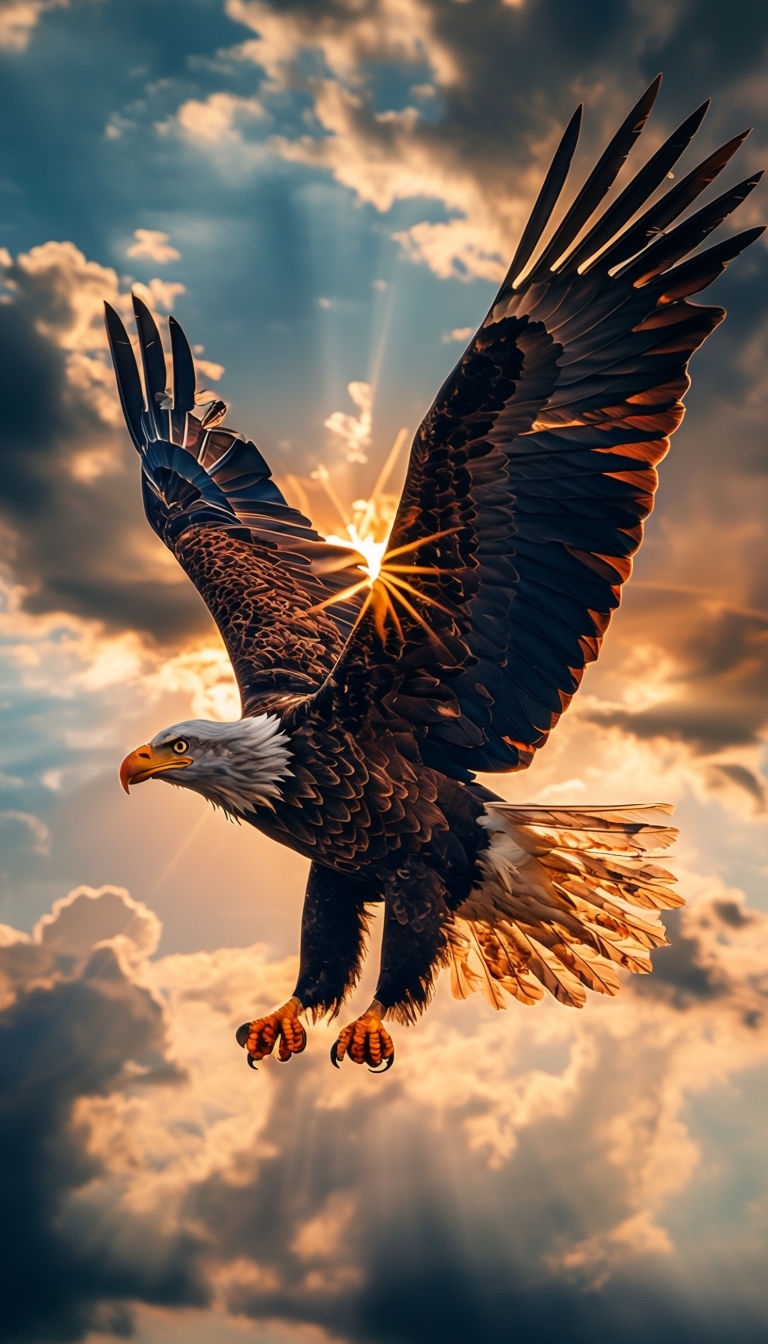 Majestic Bald Eagle in Flight Against Dramatic Sunset Sky Mobile Wallpaper