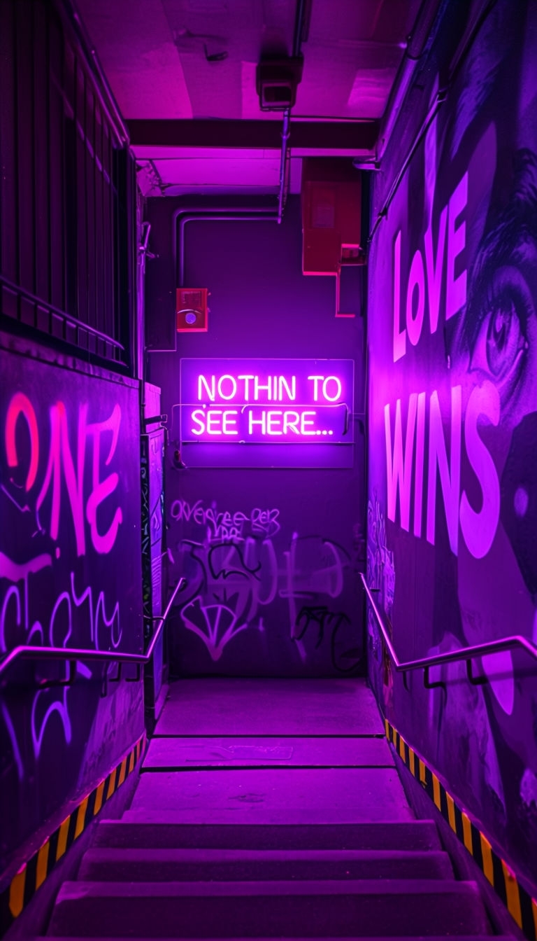 Mysterious Urban Alleyway with Neon Lights Photography Poster