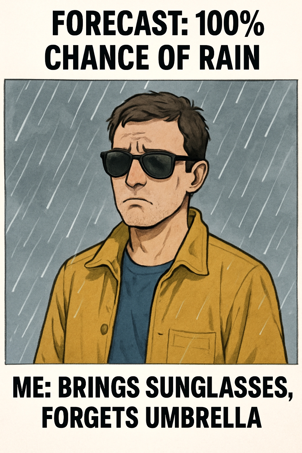 Humorous Rainy Day Comic with Sunglasses and No Umbrella Meme