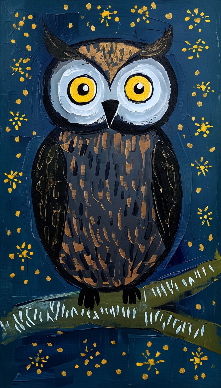 Friendly Owl Night Sky Art with Textured Patterns for Mobile Wallpaper