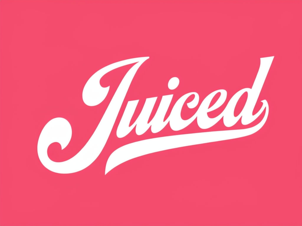Vibrant White Cursive Juiced Logo on Coral Pink T-Shirt