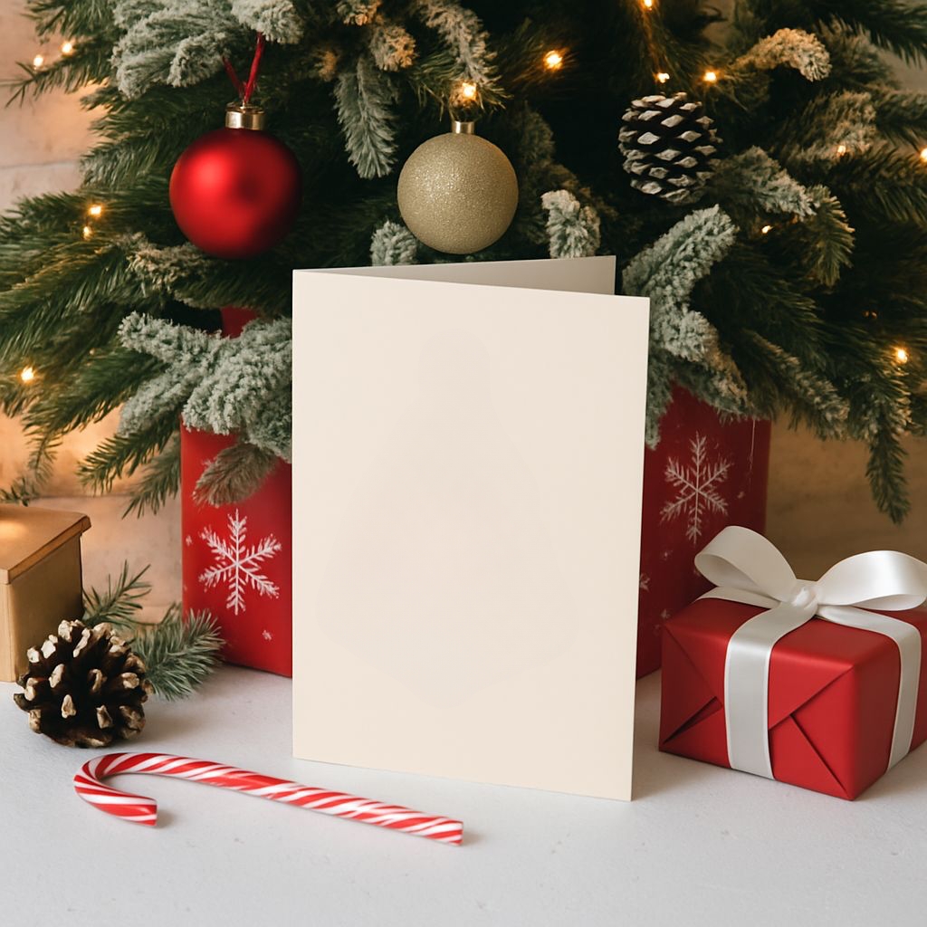 Elegant Christmas Greeting Card with Festive Decorations Mockup