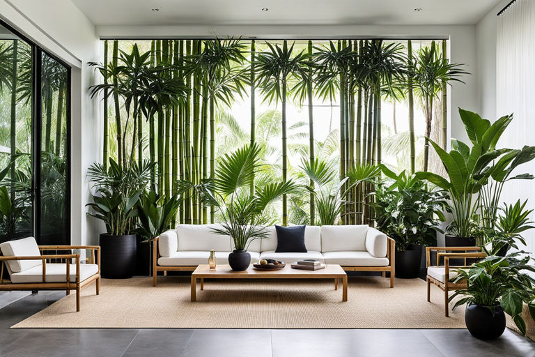 A minimalist indoor tropical garden design with potted palms by Joko ...