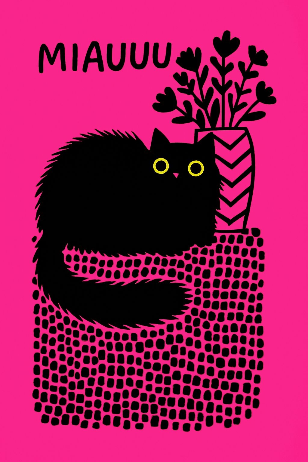 Playful Black Cat with Neon Eyes and Potted Plant Poster