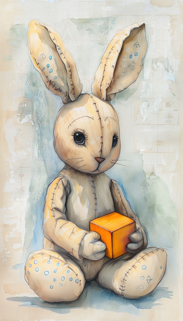 Gentle Watercolor Toy Rabbit Illustration with Warm Background Mobile Wallpaper