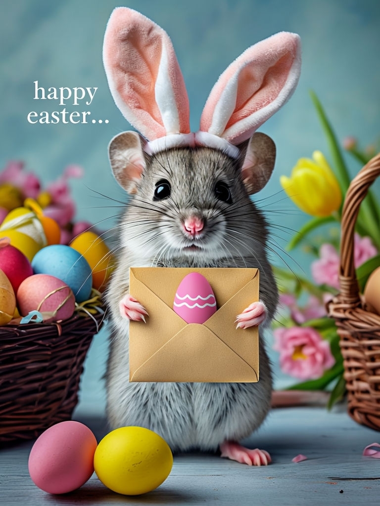 Cute Easter Mouse with Envelope and Colorful Eggs Greeting Card