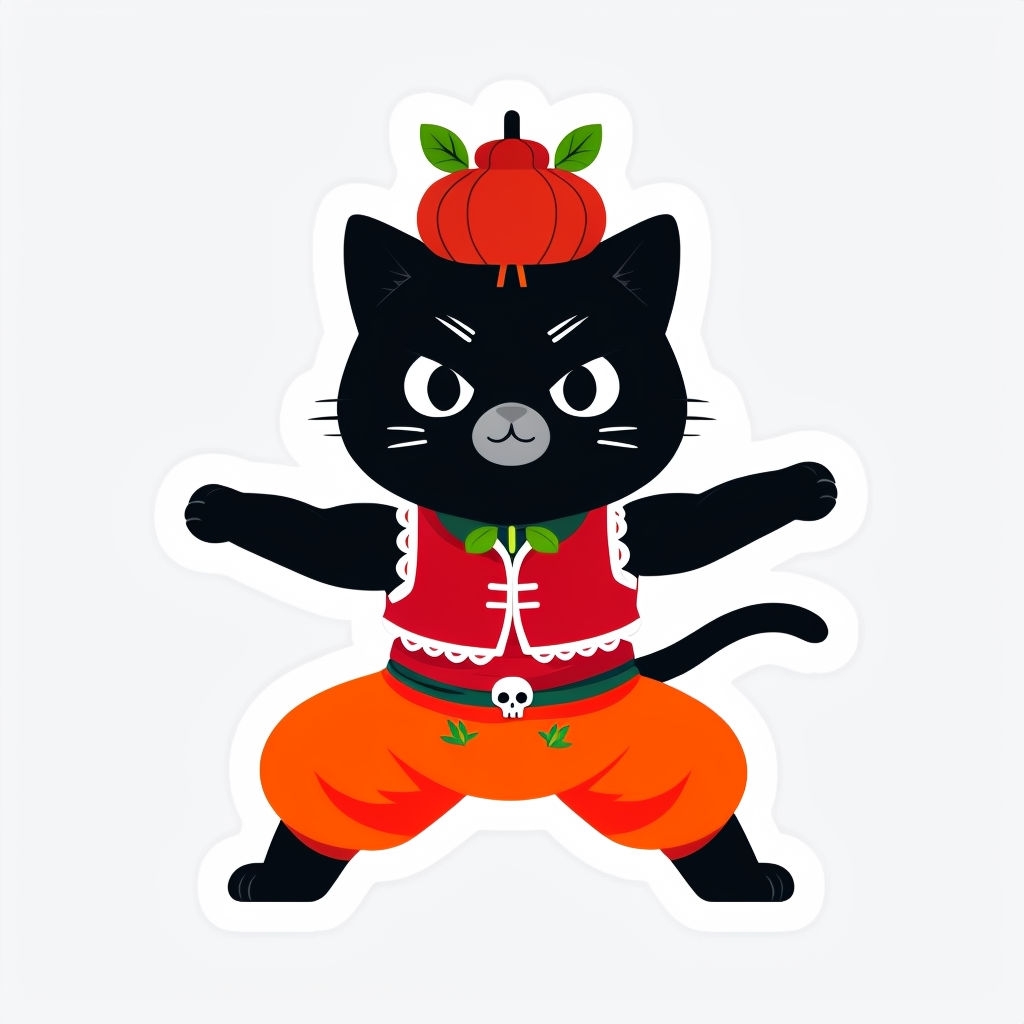 Energetic Black Cat Martial Arts Character Cartoon Sticker