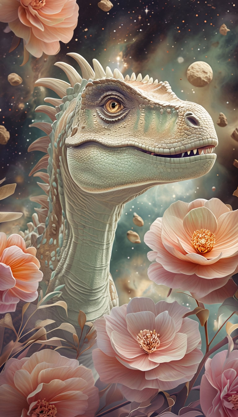 Surreal Dinosaur Surrounded by Vibrant Flowers in Cosmic Space Art Poster