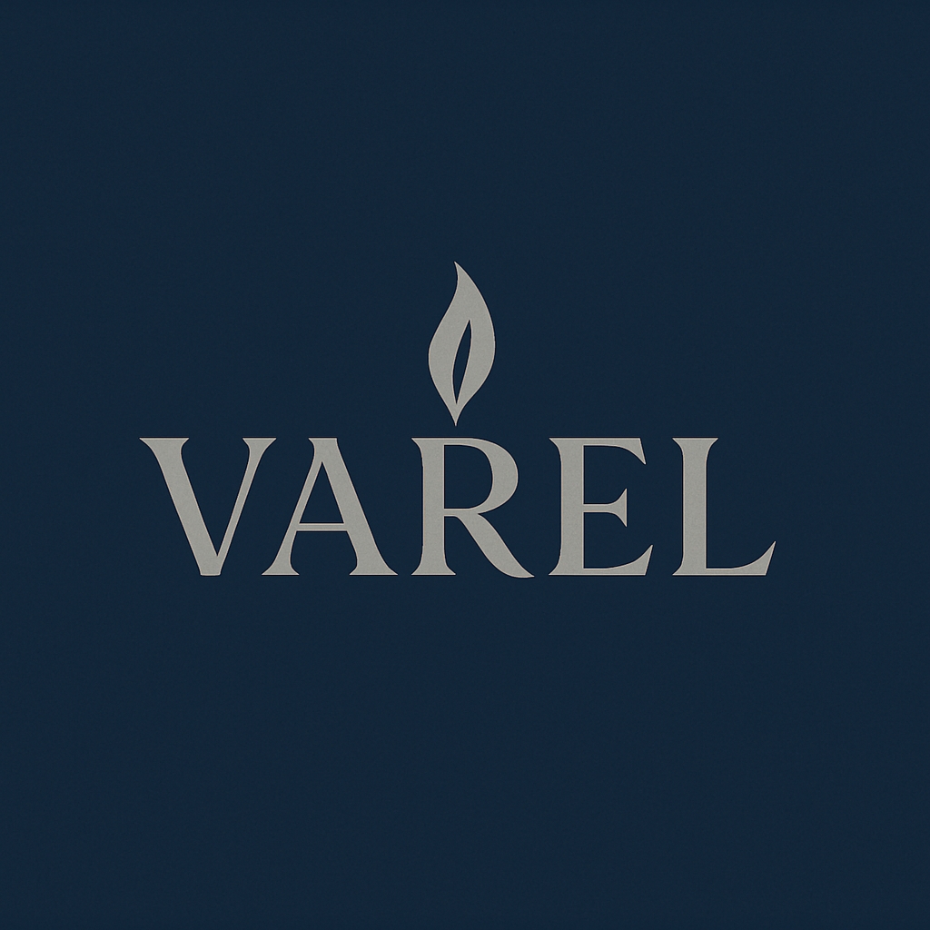 Minimalist VAREL Logo with Stylized Flame Icon Design Logo