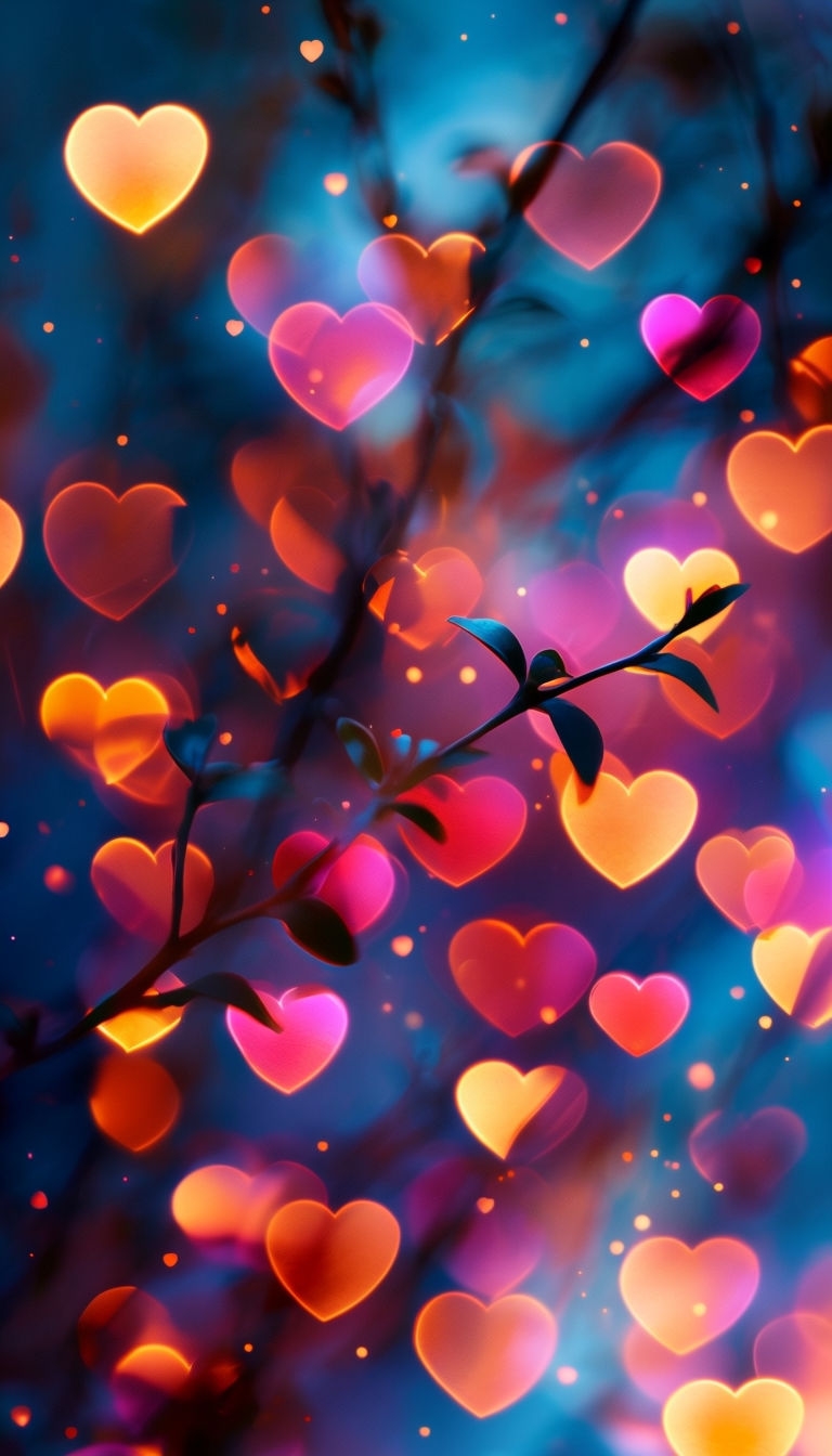 Vibrant Heart-Shaped Bokeh Lights with Dreamy Atmosphere Mobile Wallpaper