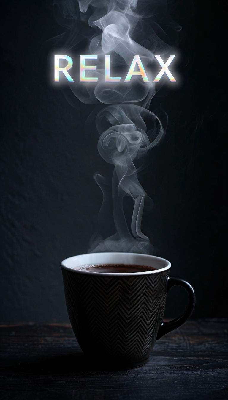 Minimalist Black Coffee Cup with Steam and Relax Text Mobile Wallpaper