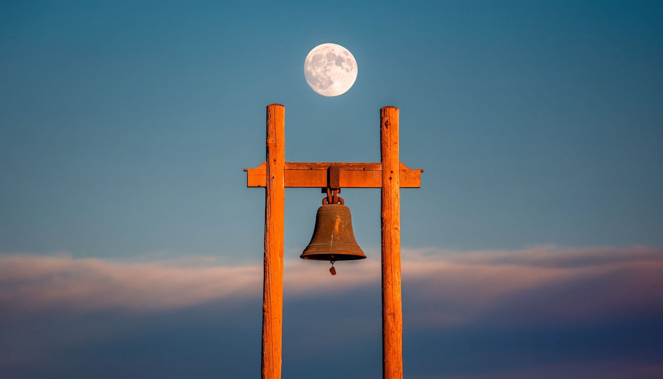 Serene Wooden Bell Pole with Full Moon Virtual Background