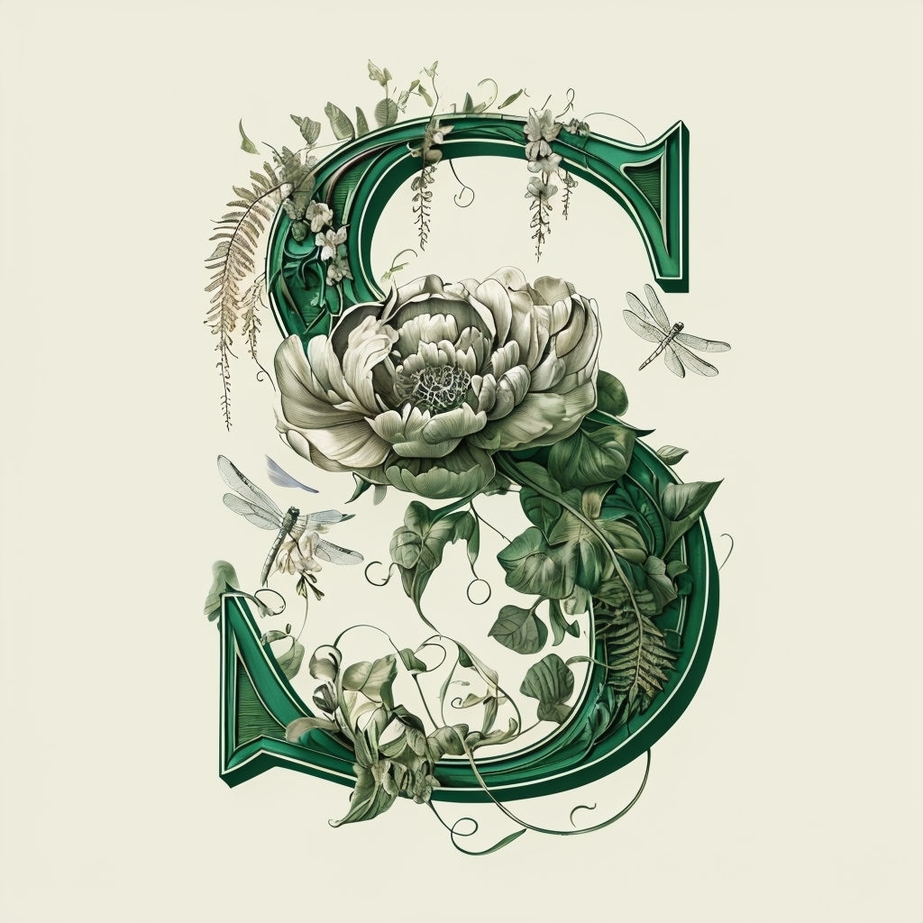 Elegant Botanical Letter S Monogram with Peony and Wisteria Design