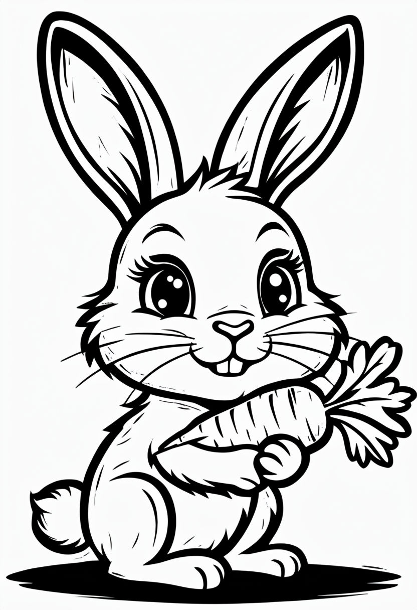 Cheerful Cartoon Bunny with Carrot Coloring Book Page