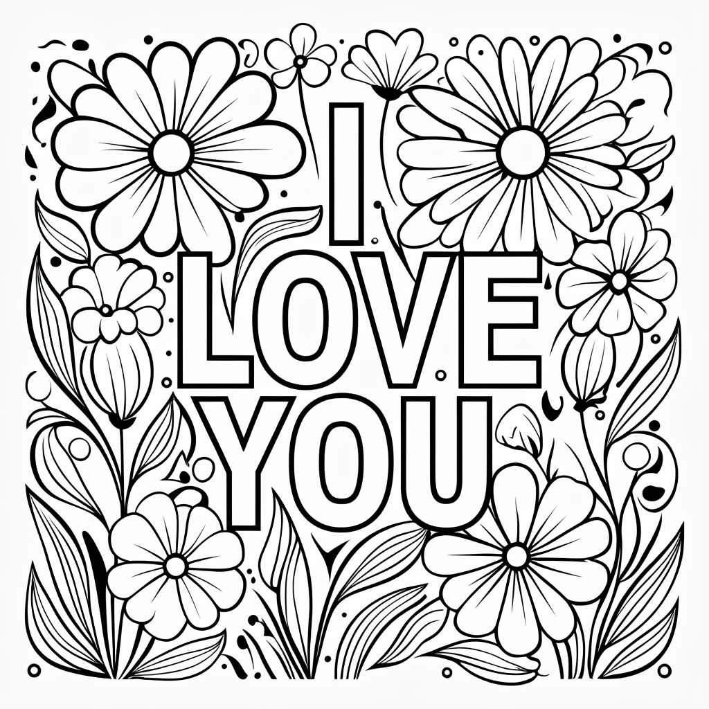 Intricate Floral 'I Love You' Coloring Page Design