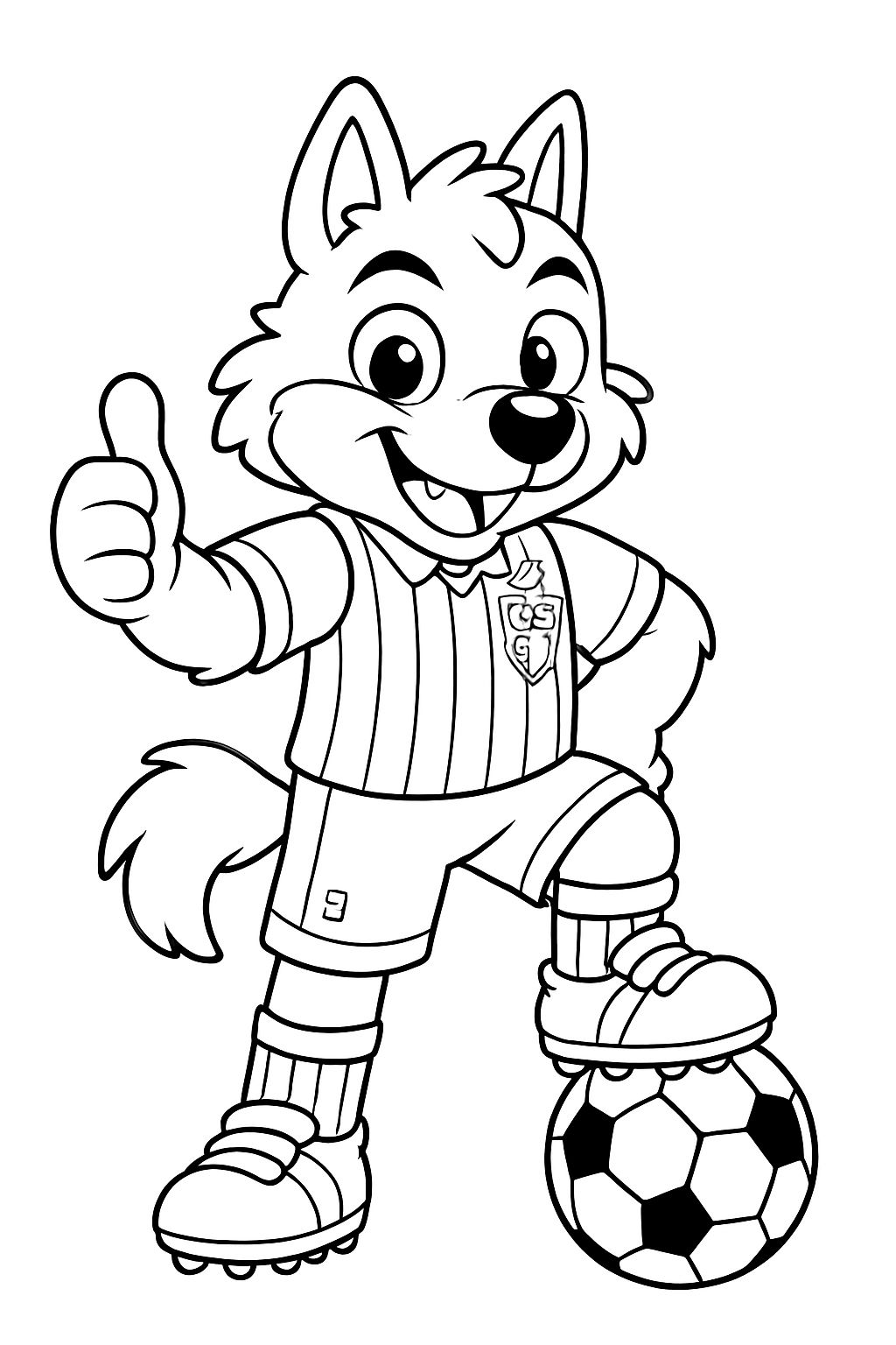 Cheerful Cartoon Dog Mascot with Soccer Ball Coloring Page