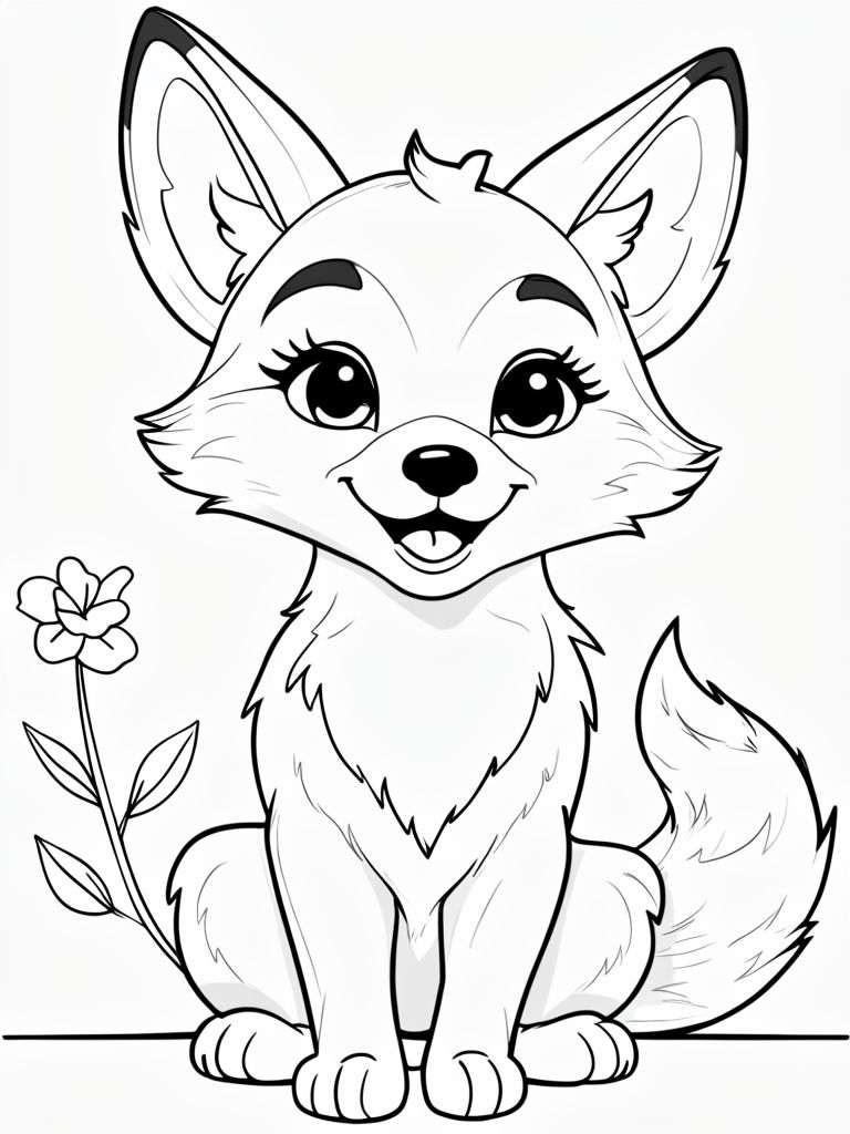 Adorable Cartoon Fox with Flower Line Drawing Sticker