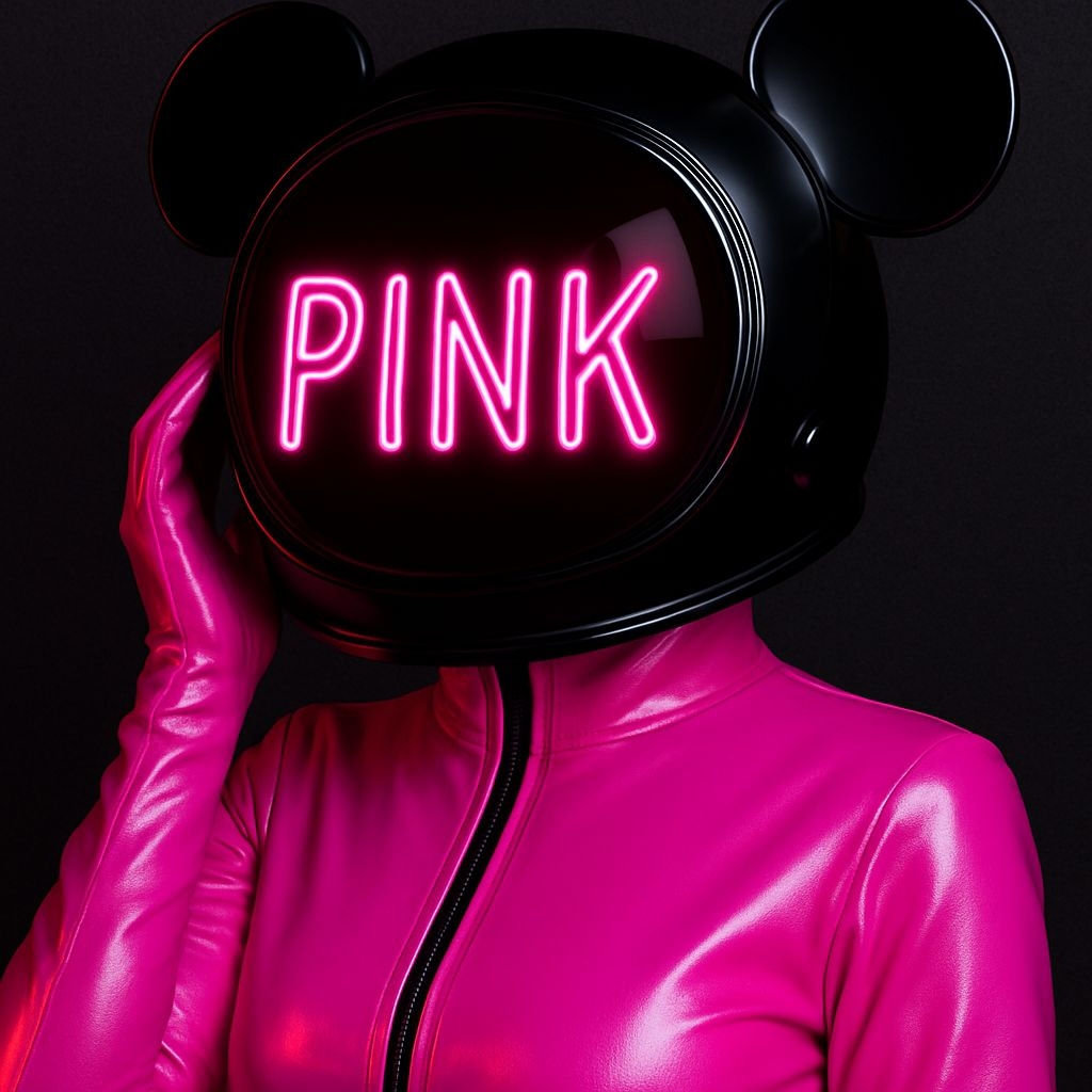 Futuristic Pink Neon Helmet Portrait with Mickey Ears Album Cover