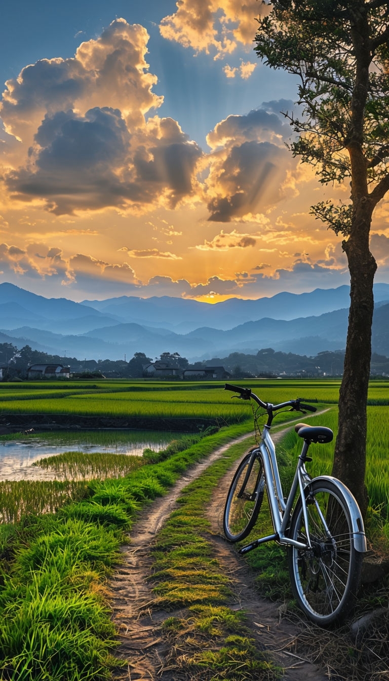 Tranquil Sunset Rural Landscape with Bicycle Mobile Wallpaper