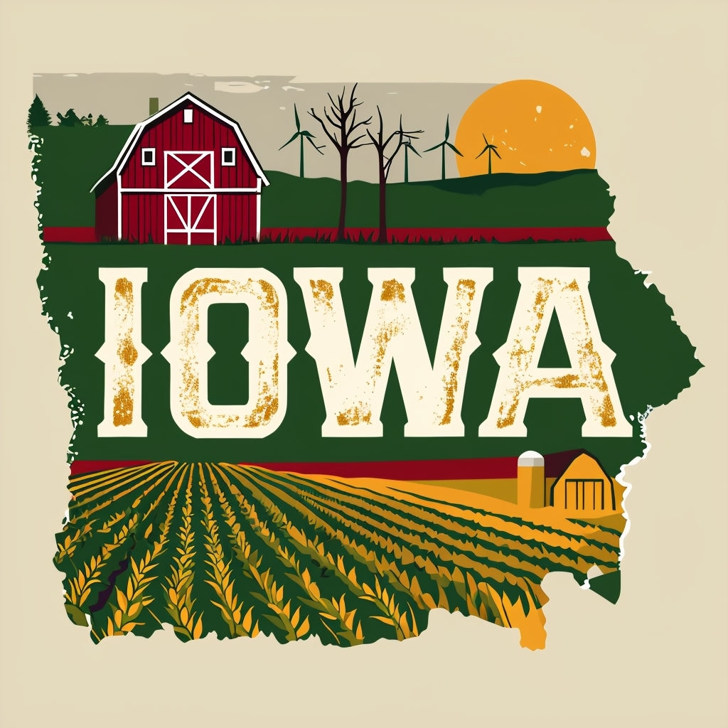 Vintage Iowa State Poster with Rustic Barn and Wind Turbines Sticker