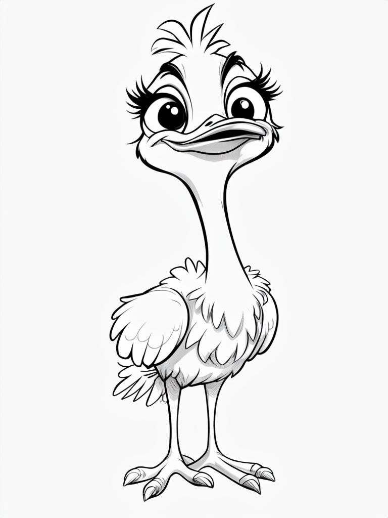 Playful Cartoon Ostrich Line Drawing for Coloring Book Pages