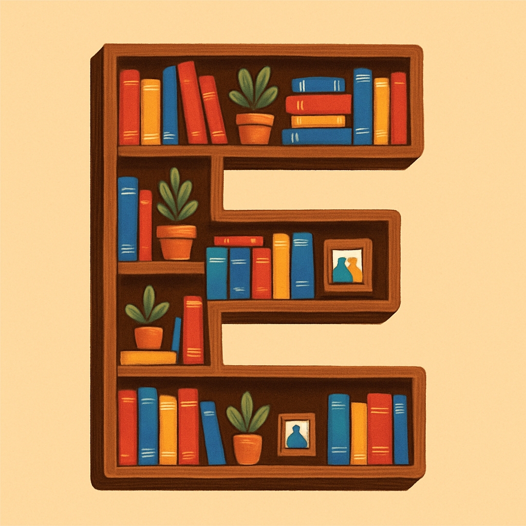 Whimsical 'E' Shaped Bookshelf Illustration with Colorful Books Monogram