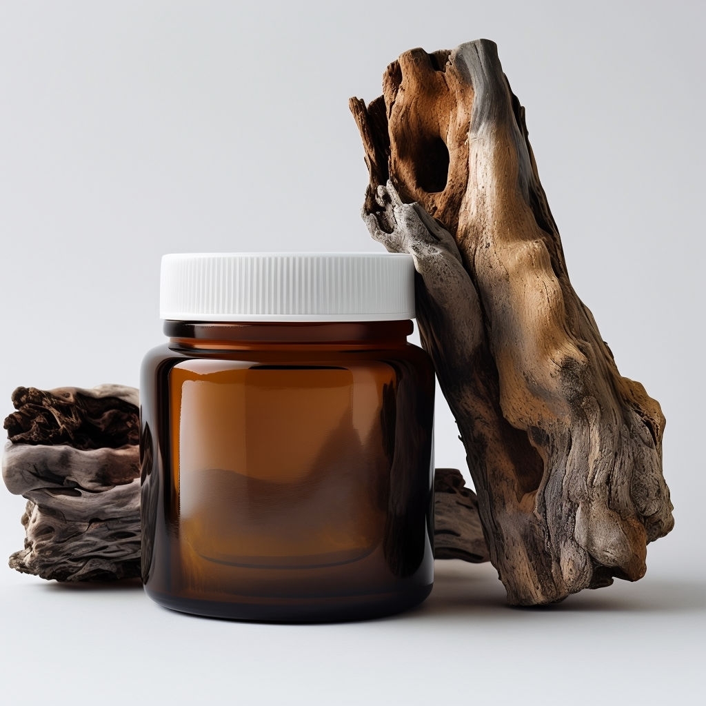 Minimalistic Dark Brown Glass Jar with Wood Elements Mockup