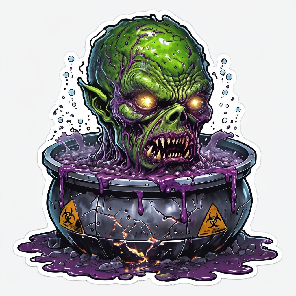 Toxic Neon Mutant Head Emerging from Cauldron Sticker