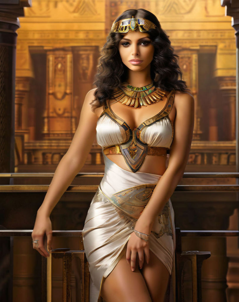 a beautiful and alluring woman dressed in ancient Egypt attire photographed  in the style of playboy. Full body portrait.