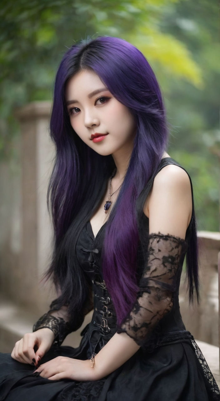 cute purple hair kawaii goth girl in black