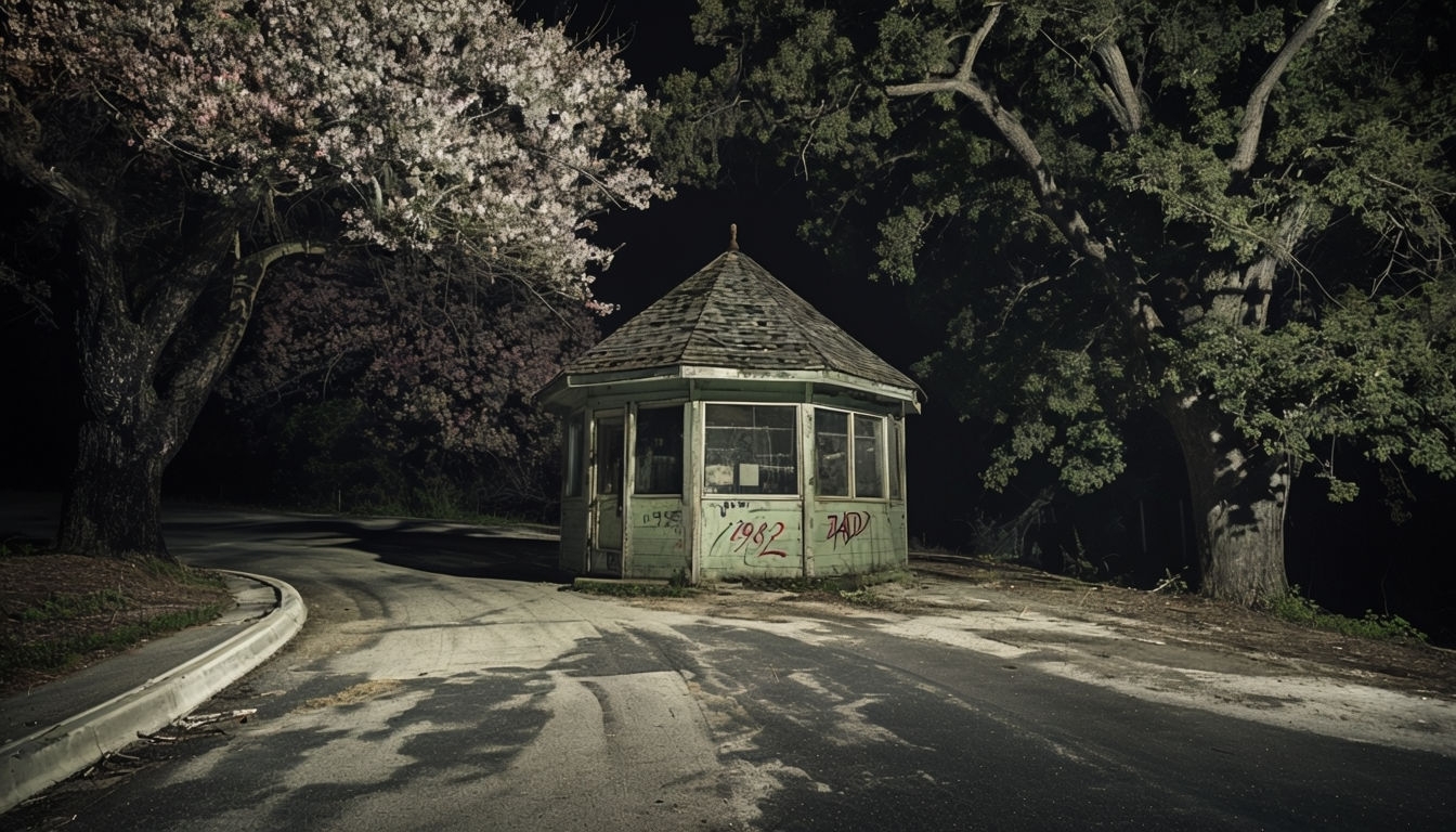Eerie Nighttime Abandoned Structure with Trees Virtual Background