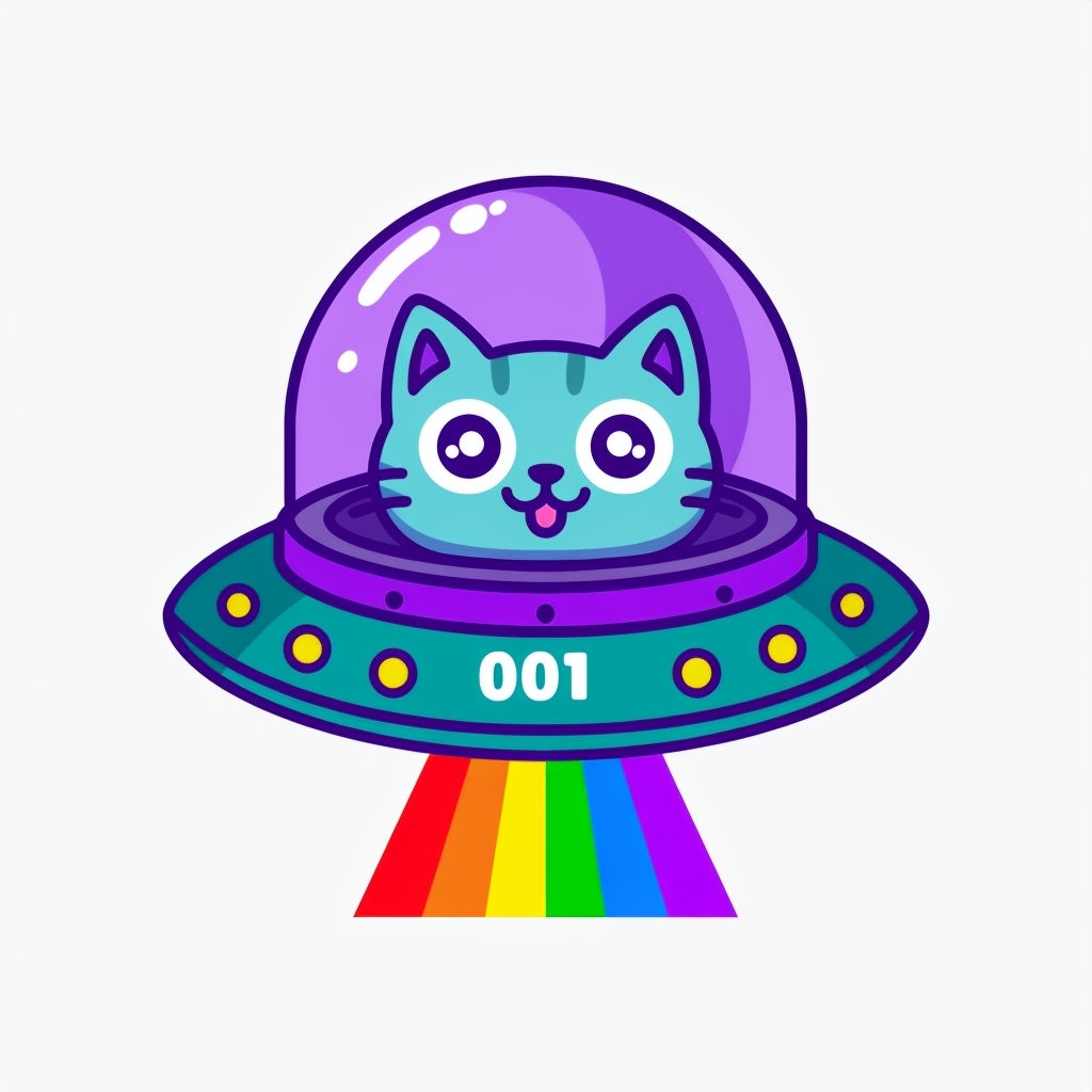 Playful Cartoon Cat in UFO with Colorful Laser Sticker