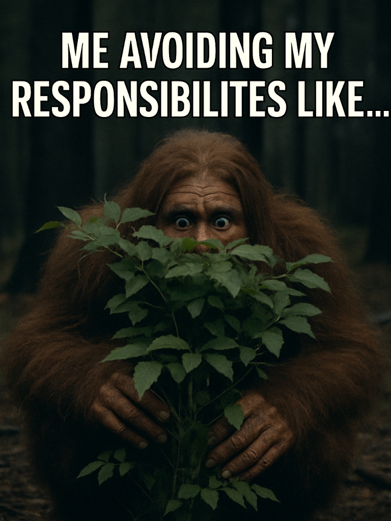 Meme of Surprised Primate Avoiding Responsibilities in Nature Sticker
