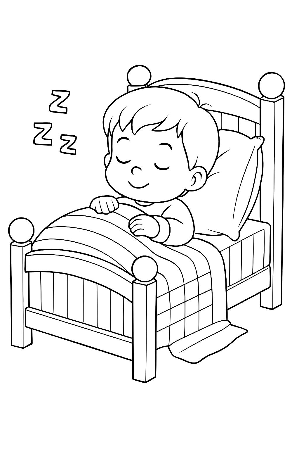 Peaceful Sleeping Child in Wooden Bed Line Drawing Coloring Book Page