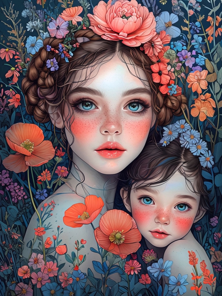 Whimsical Floral Portrait of Young Woman and Child T-shirt