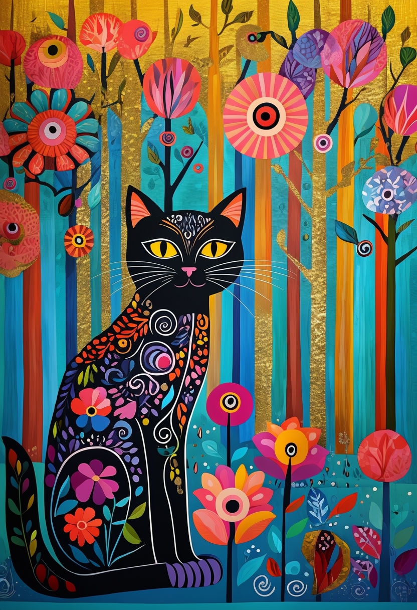 Colorful Whimsical Black Cat Folk Art T-Shirt