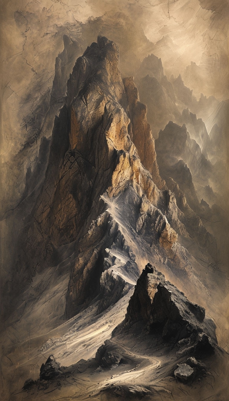 Majestic Hand-Painted Mountain Landscape in Charcoal and Pastel Art