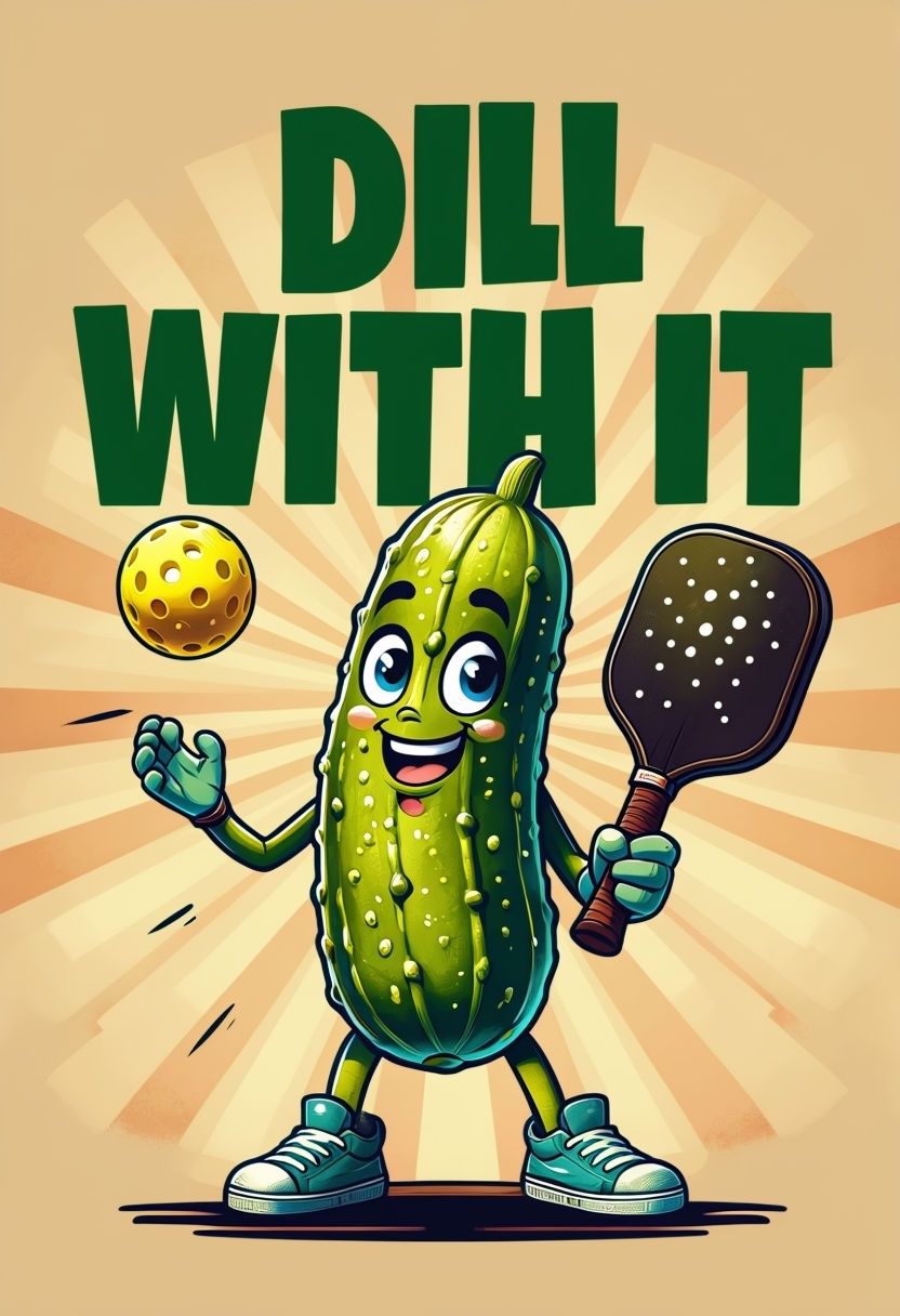 Joyful Anthropomorphic Pickle Playing Pickleball Sticker