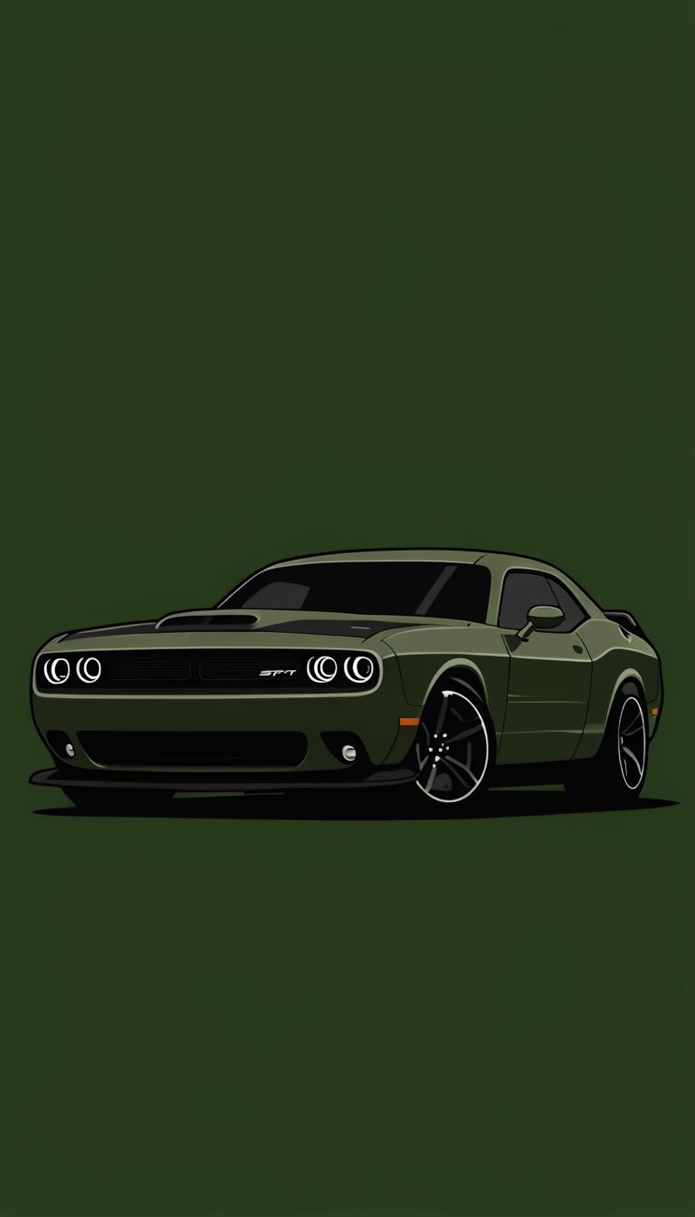Dark Olive Green Muscle Car Minimalist Illustration Mobile Wallpaper