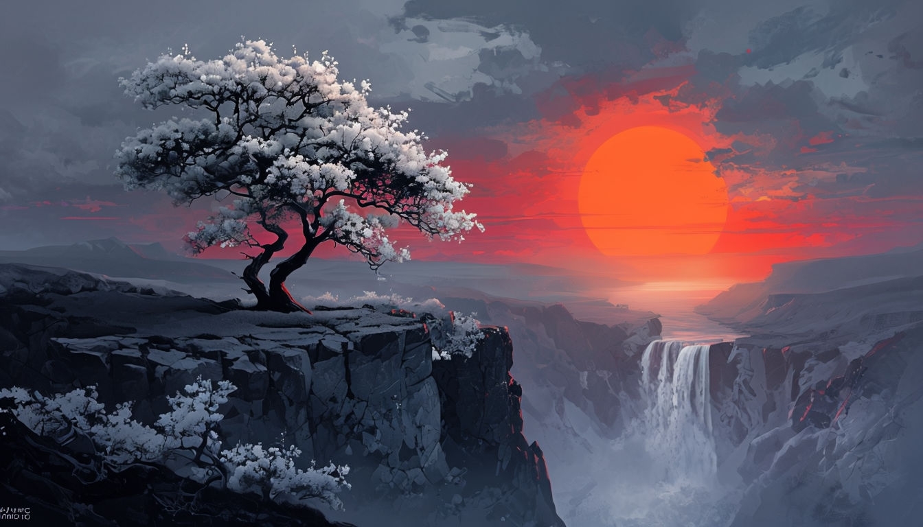 Serene Twisted Tree Sunset Landscape Digital Painting Background