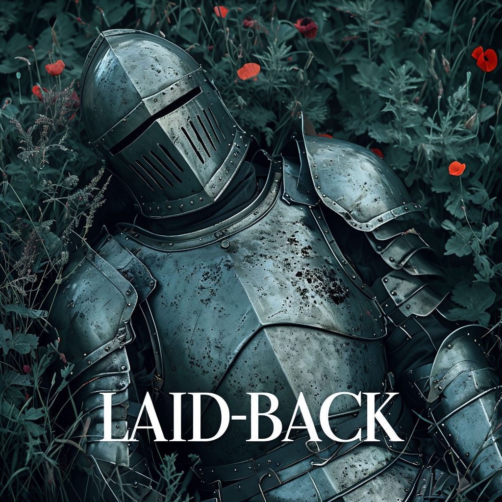 Aged Armored Knight in Greenery with LAID-BACK Text Spotify Album Cover