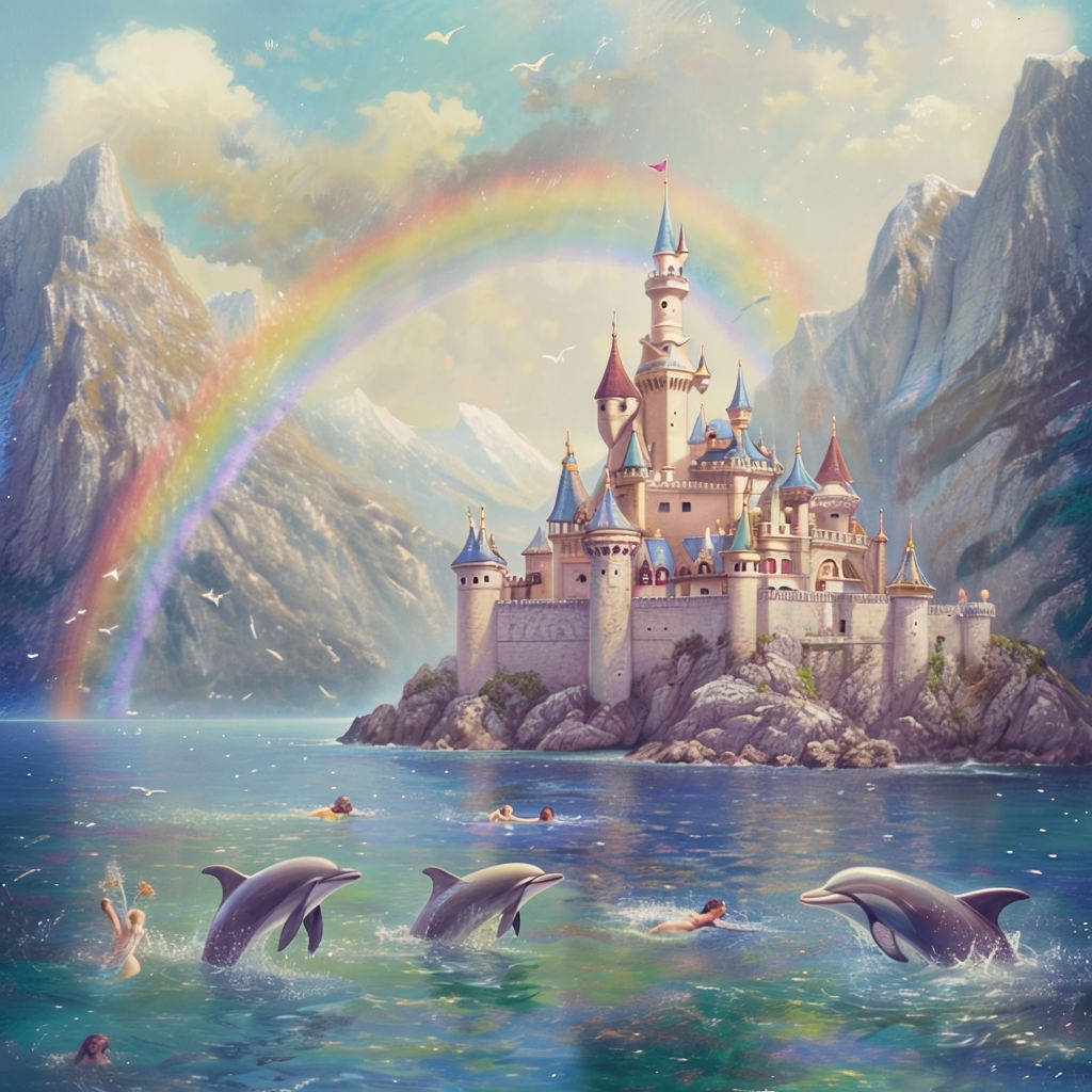 Enchanting Fairytale Castle with Dolphins and Mermaids Poster