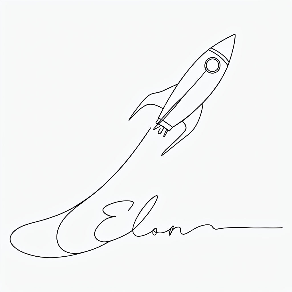 Minimalist Continuous Line Rocket Ship Illustration with Handwritten 'Elon' Art