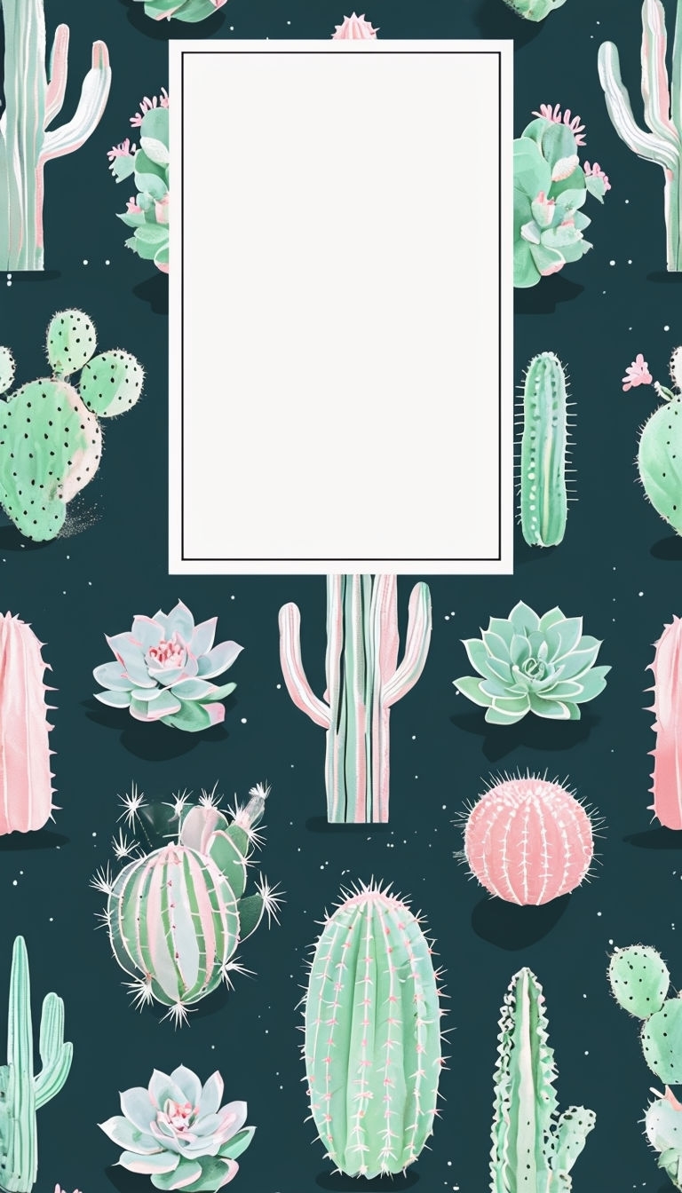 Vibrant Cacti and Succulents Pattern on Teal Background Social Media Post