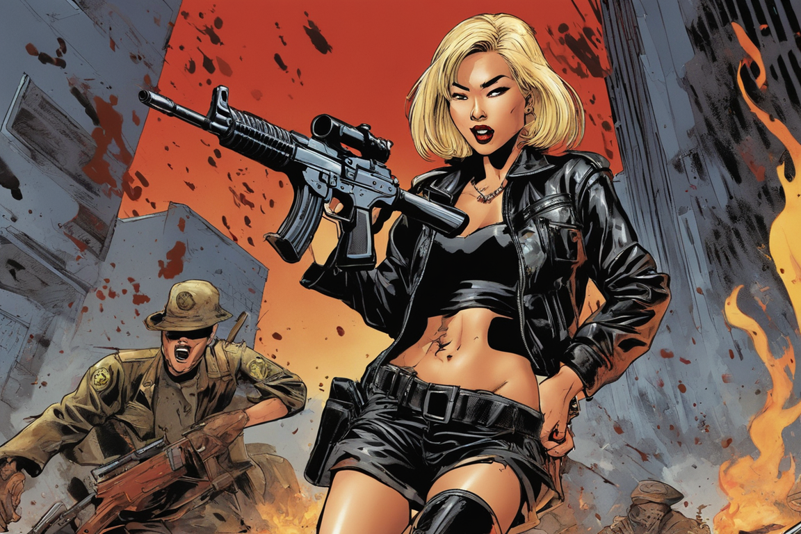 1990's comics scene artwork of a asian blonde sexy hitwoman.... by ...