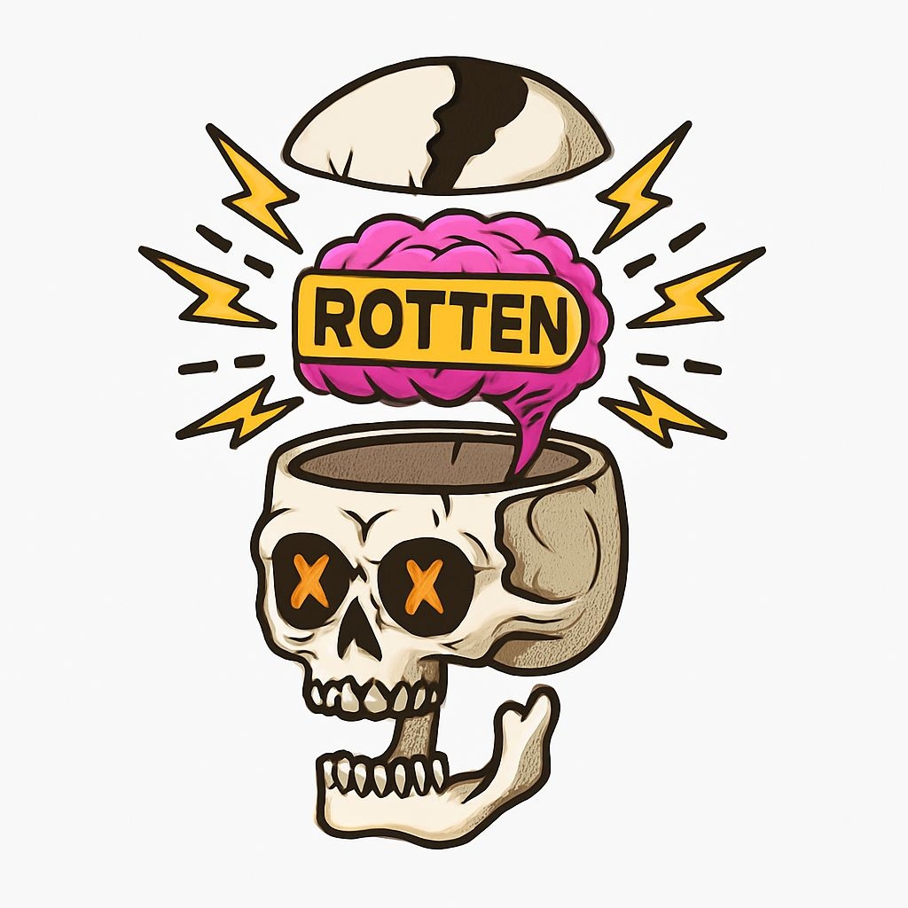 Cartoon Human Skull with Rotten Brain and Lightning Bolts Sticker